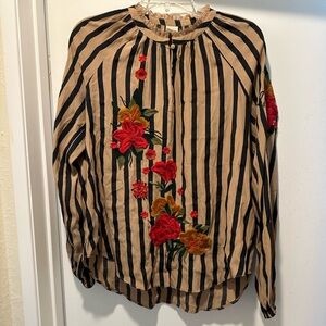 Akemi + Kin by Anthropologie Manuela Striped Floral Embroidered Blouse Lace S
